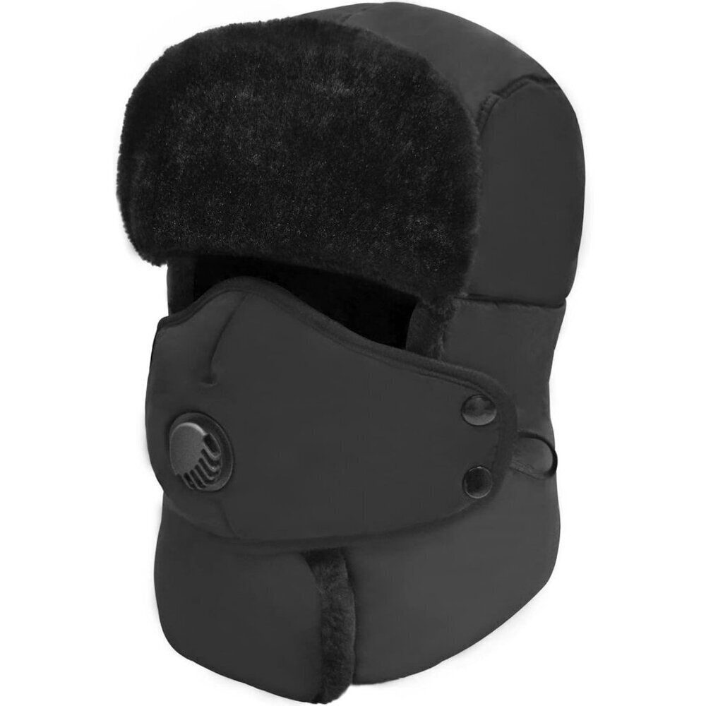 Men Black Trapper Hat with Ear Flaps & Mask Russian Trooper Aviator Cold Hat
